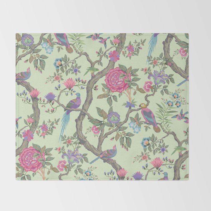 Chinoiserie Mint Green Pastel Fresco Floral Garden Birds Oriental Botanical Throw Blanket Gallery Image 2