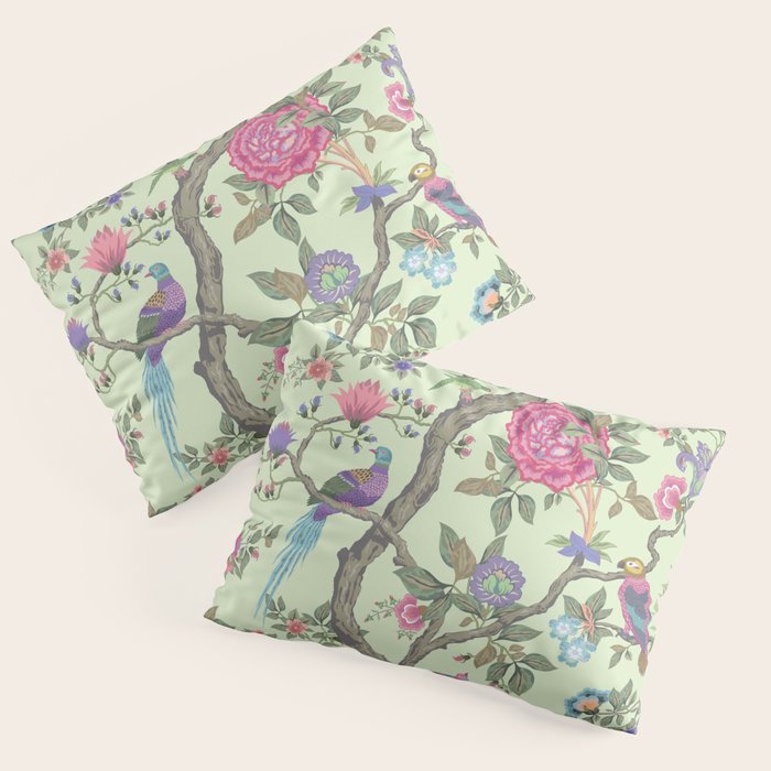 Chinoiserie Mint Green Pastel Fresco Floral Garden Birds Oriental Botanical Pillow Sham Gallery Image 3