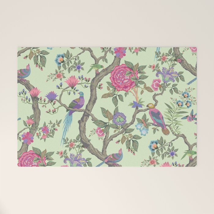 Chinoiserie Mint Green Pastel Fresco Floral Garden Birds Oriental Botanical Welcome Mat Gallery Image 1