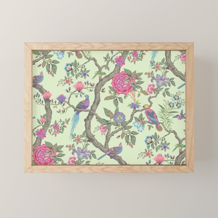 Chinoiserie Mint Green Pastel Fresco Floral Garden Birds Oriental Botanical Mini Art Print Gallery Image 1