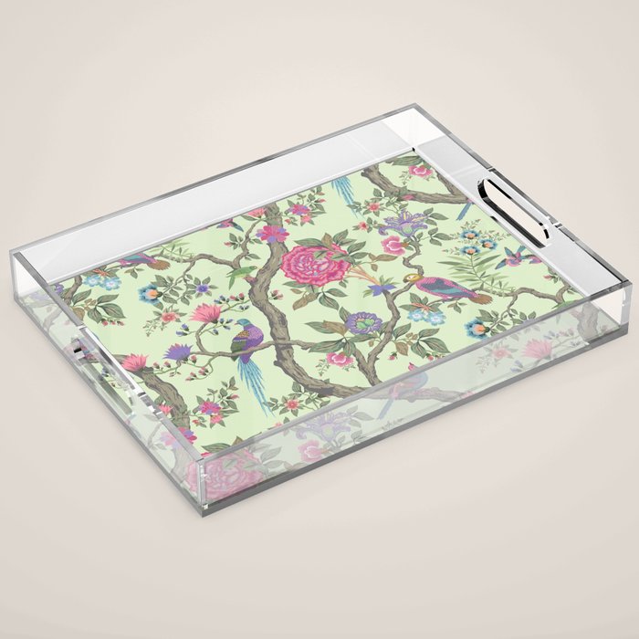 Chinoiserie Mint Green Pastel Fresco Floral Garden Birds Oriental Botanical Acrylic Tray Gallery Image 1