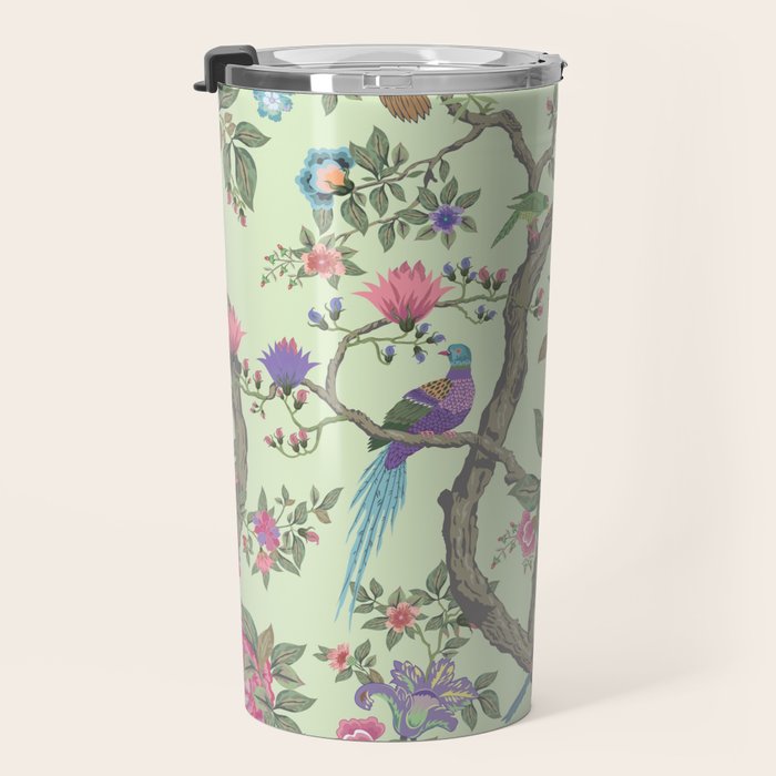 Chinoiserie Mint Green Pastel Fresco Floral Garden Birds Oriental Botanical Travel Mug Gallery Image 3