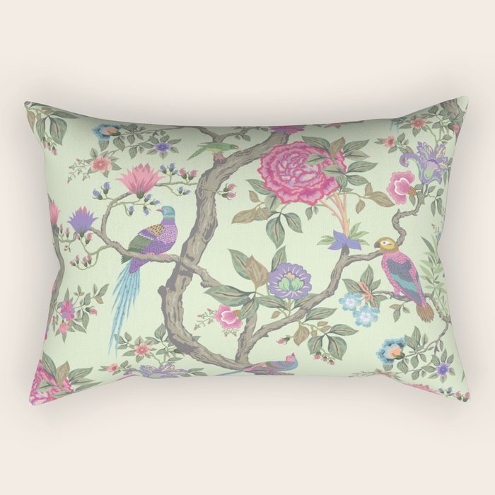 Chinoiserie Mint Green Pastel Fresco Floral Garden Birds Oriental Botanical Rectangular Pillow Gallery Image 2