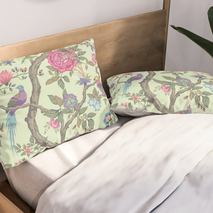 Chinoiserie Mint Green Pastel Fresco Floral Garden Birds Oriental Botanical Pillow Sham Gallery Image 2