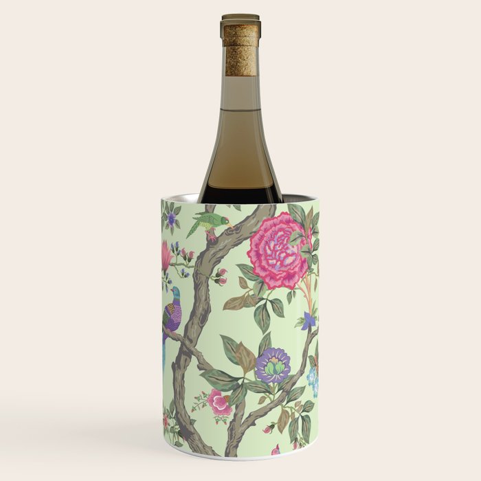 Chinoiserie Mint Green Pastel Fresco Floral Garden Birds Oriental Botanical Wine Chiller Gallery Image 1