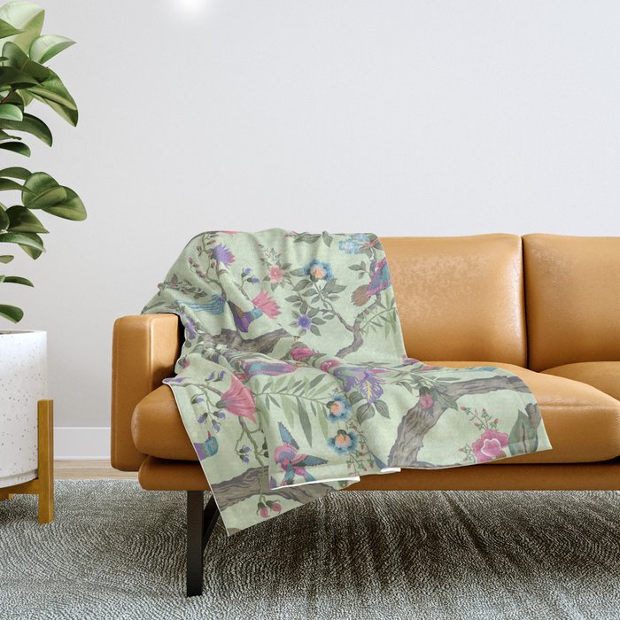 Chinoiserie Mint Green Pastel Fresco Floral Garden Birds Oriental Botanical Throw Blanket Gallery Image 1