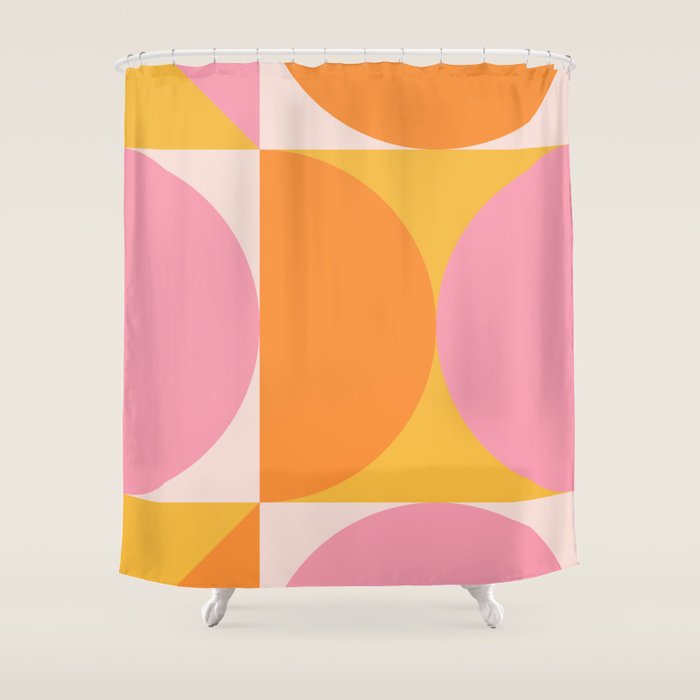 Mid Century Modern Scandinavian Geometric Abstract 354 Pink Yellow and Orange Shower Curtain Gallery Image 1