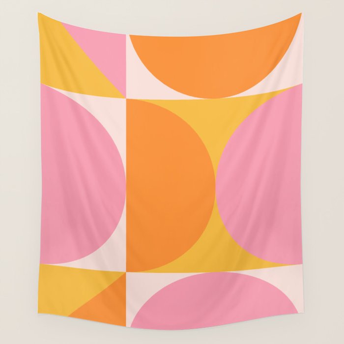Mid Century Modern Scandinavian Geometric Abstract 354 Pink Yellow and Orange Wall Tapestry Gallery Image 1