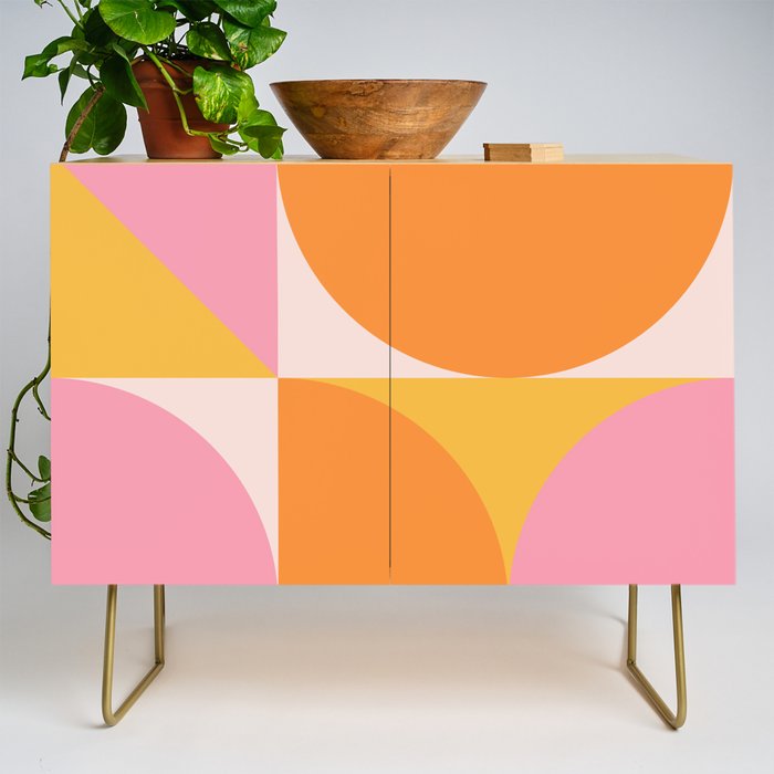 Mid Century Modern Scandinavian Geometric Abstract 354 Pink Yellow and Orange Credenza Gallery Image 1