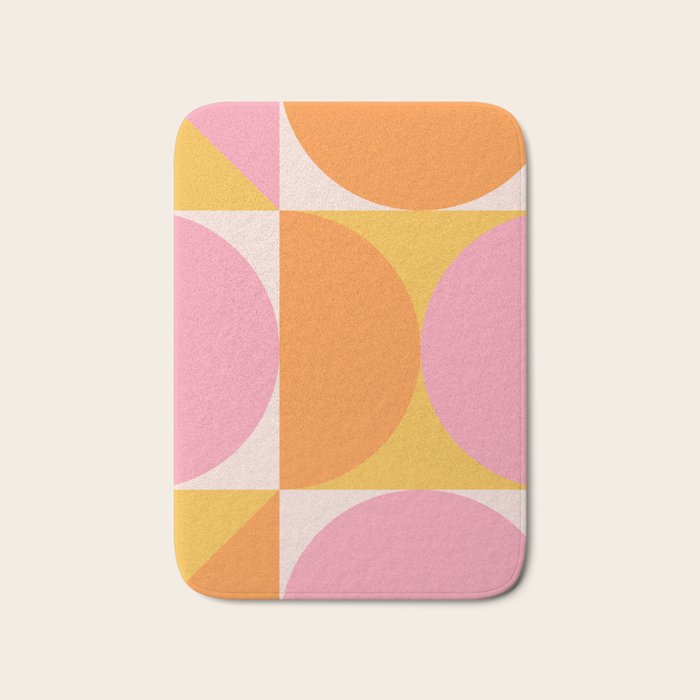 Mid Century Modern Scandinavian Geometric Abstract 354 Pink Yellow and Orange Bath Mat Gallery Image 1
