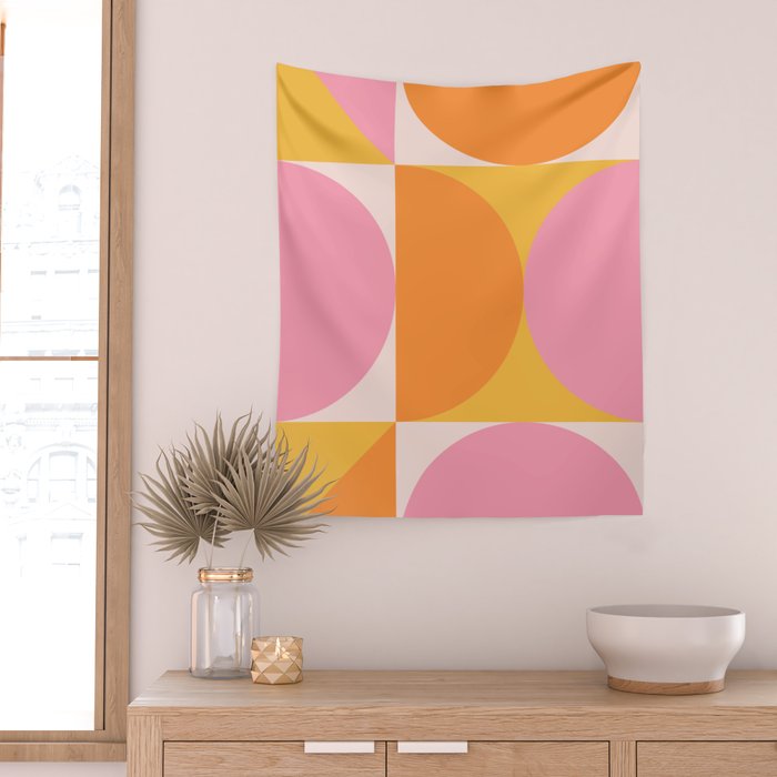 Mid Century Modern Scandinavian Geometric Abstract 354 Pink Yellow and Orange Wall Tapestry Gallery Image 2