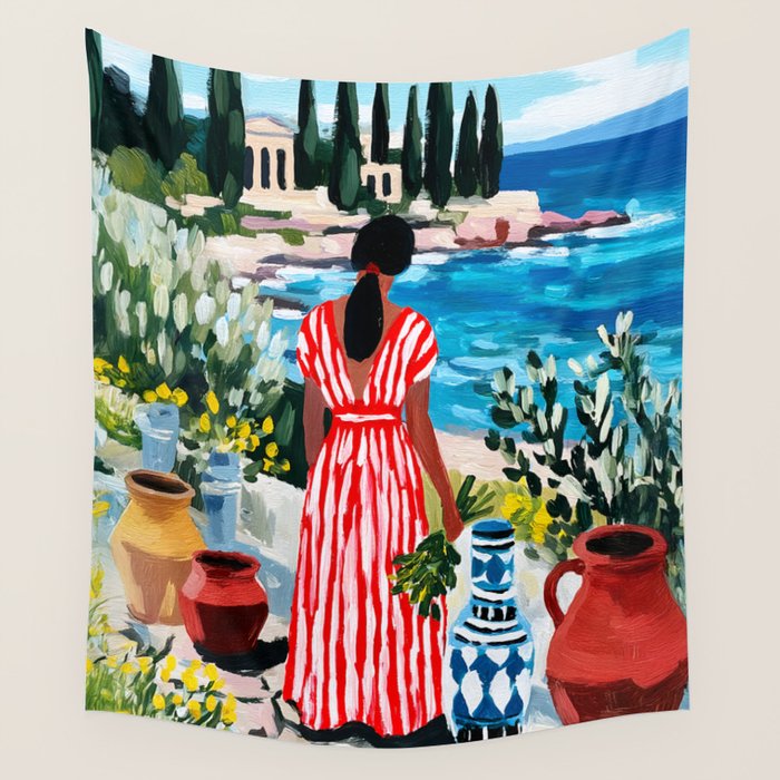 Red Dress by the Sea Wall Tapestry Gallery Image 4