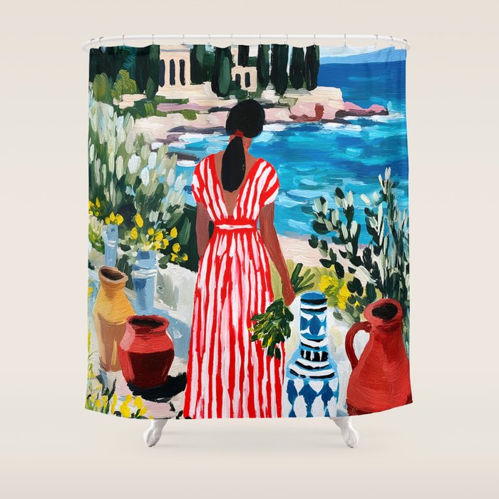 Red Dress by the Sea Shower Curtain Gallery Image 1