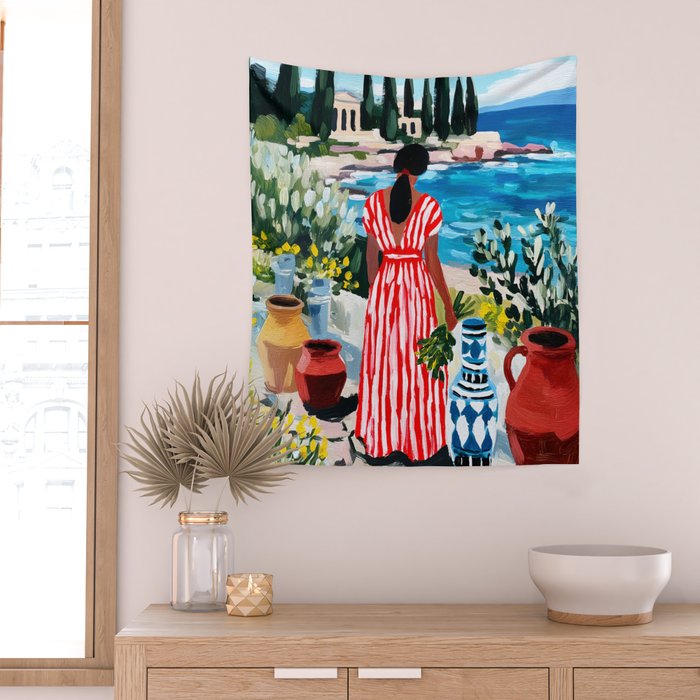 Red Dress by the Sea Wall Tapestry Gallery Image 2