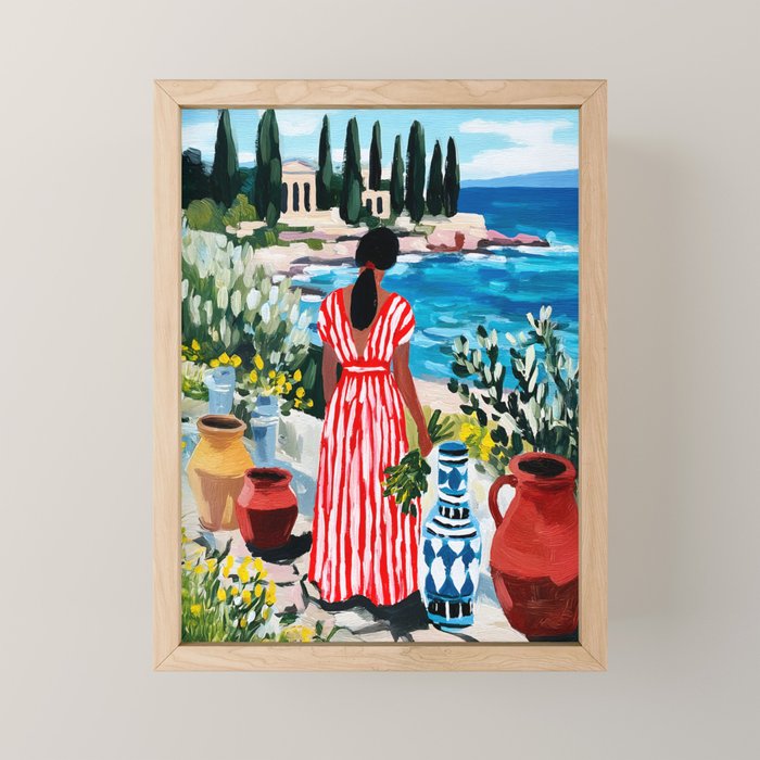 Red Dress by the Sea Mini Art Print Gallery Image 1