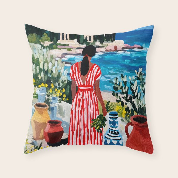 Red Dress by the Sea Throw Pillow Gallery Image 1