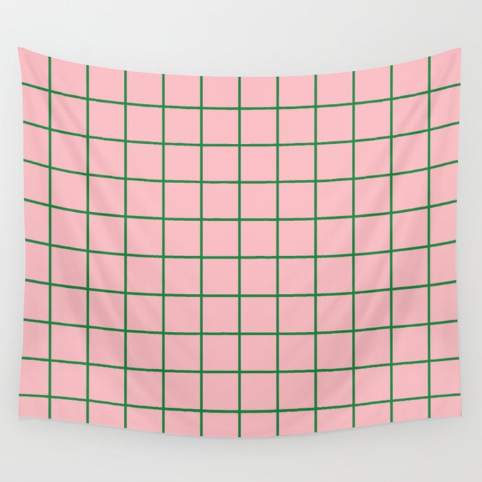 Grid Lines Pink and Green Cute Basic Geometric Pattern Wall Tapestry Gallery Image 4