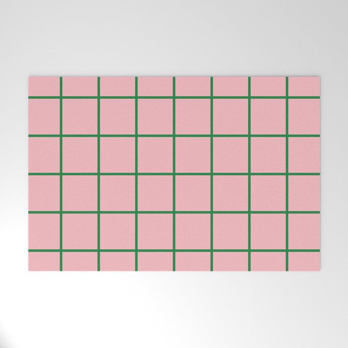 Grid Lines Pink and Green Cute Basic Geometric Pattern Welcome Mat Gallery Image 1