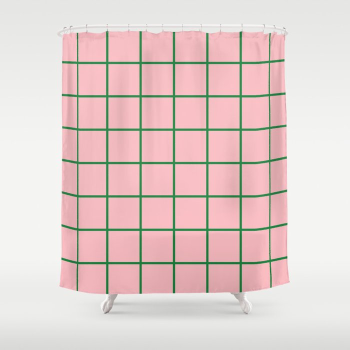 Grid Lines Pink and Green Cute Basic Geometric Pattern Shower Curtain Gallery Image 1
