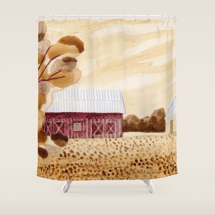 Rustic Country Barn Painting in Yellow Ochre & Brown Shower Curtain Gallery Image 1