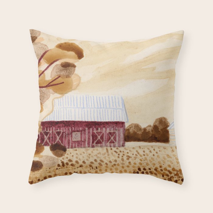 Rustic Country Barn Painting in Yellow Ochre & Brown Throw Pillow Gallery Image 6