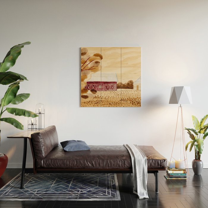 Rustic Country Barn Painting in Yellow Ochre & Brown Wood Wall Art Gallery Image 2