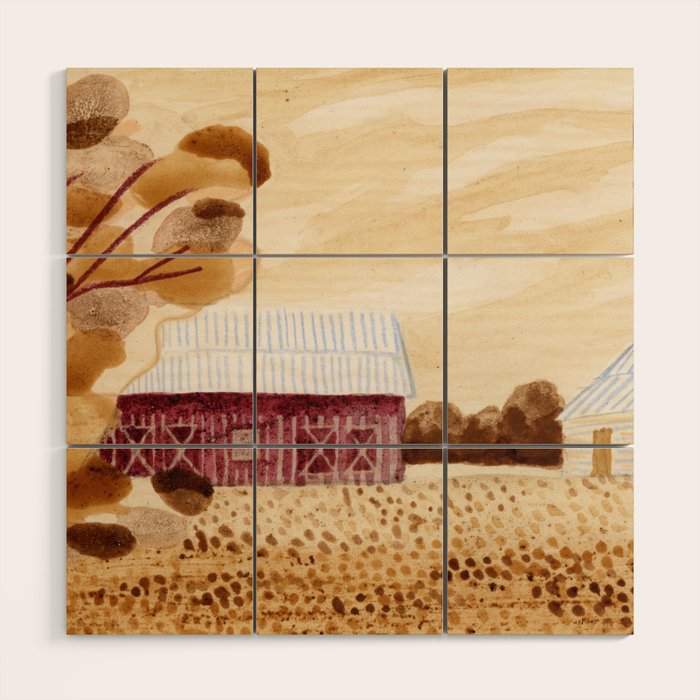Rustic Country Barn Painting in Yellow Ochre & Brown Wood Wall Art Gallery Image 1