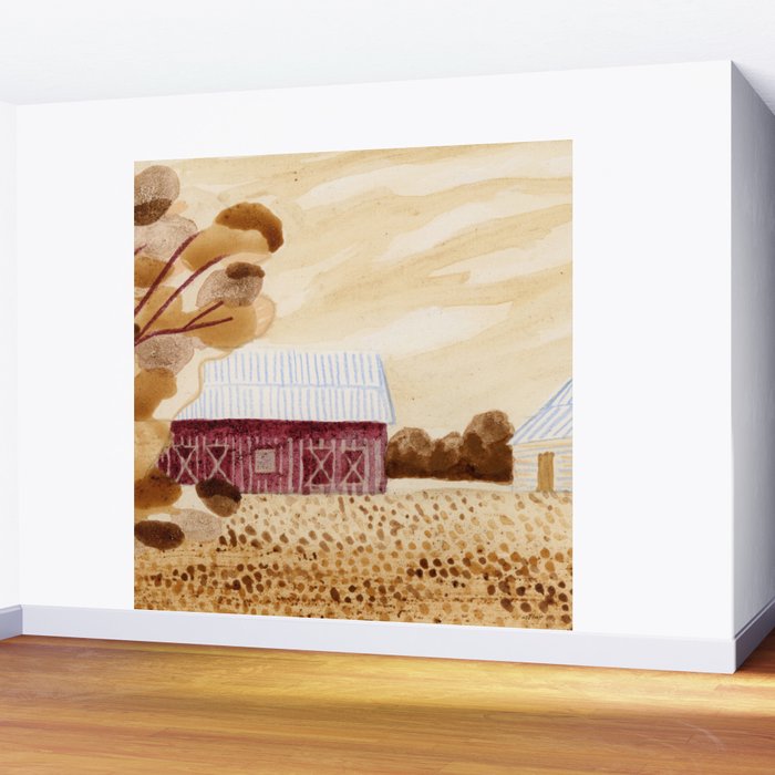 Rustic Country Barn Painting in Yellow Ochre & Brown Wall Mural Gallery Image 2