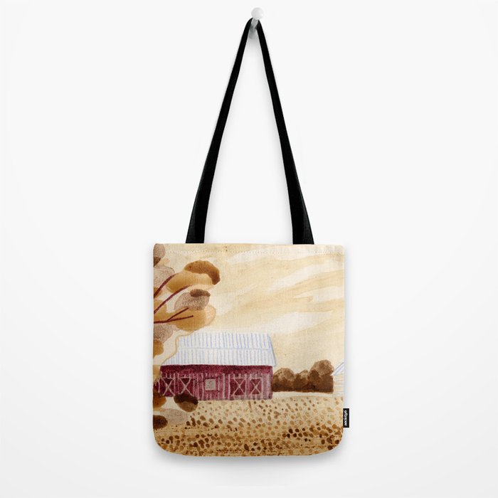 Rustic Country Barn Painting in Yellow Ochre & Brown Tote Bag Gallery Image 2
