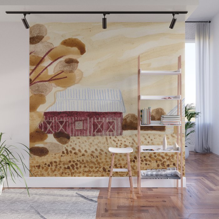 Rustic Country Barn Painting in Yellow Ochre & Brown Wall Mural Gallery Image 1