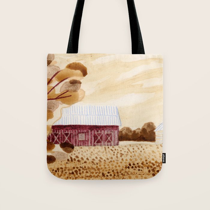 Rustic Country Barn Painting in Yellow Ochre & Brown Tote Bag Gallery Image 1