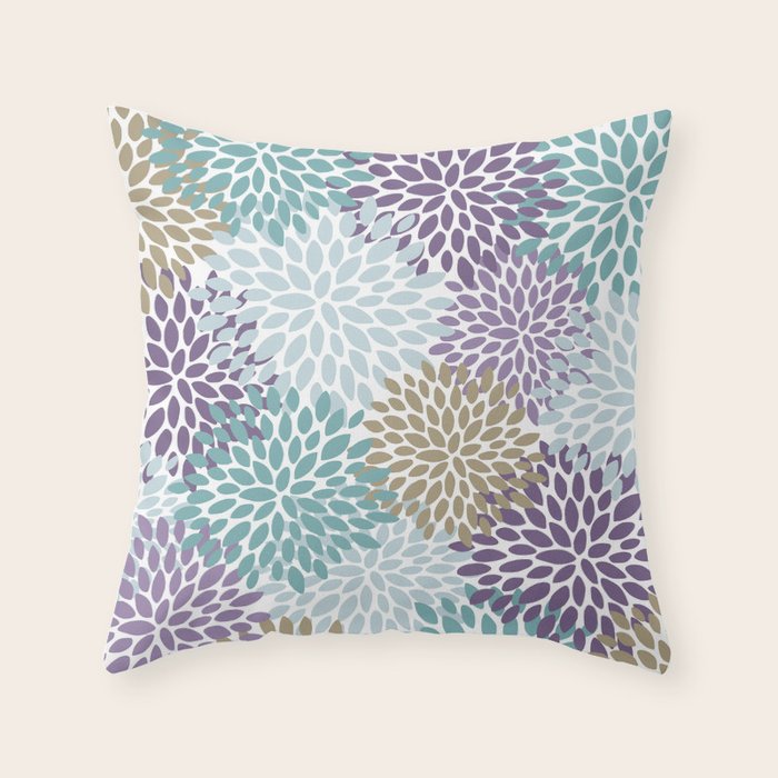 Floral Blooms, Purple, Teal, Gold Throw Pillow Gallery Image 1