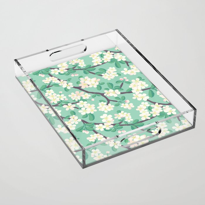 Apple Blossoms Pattern on Green Acrylic Tray Gallery Image 1