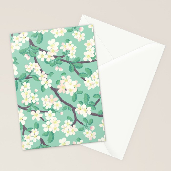 Apple Blossoms Pattern on Green Stationery Card Gallery Image 2