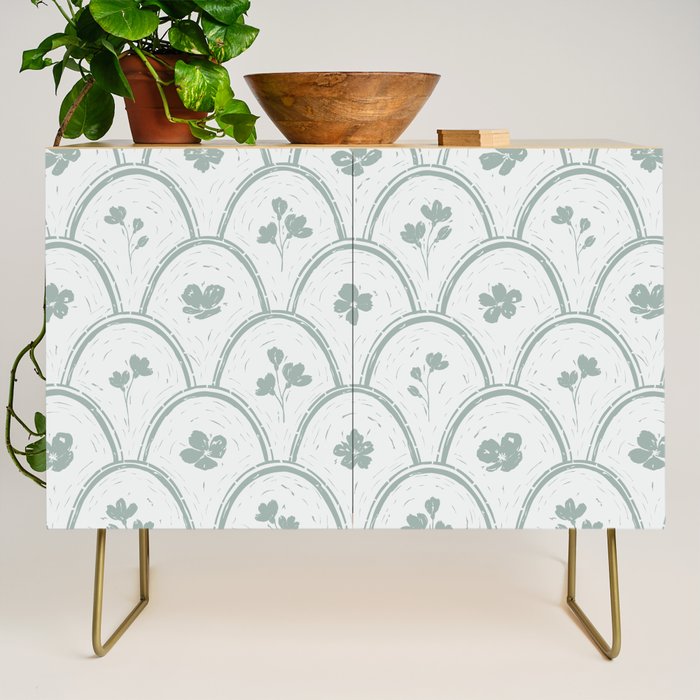 Rustic scallop floral block print - dusty mint pastel green pattern Credenza Gallery Image 1