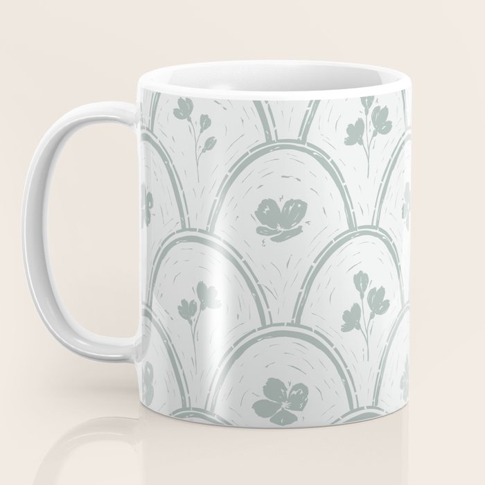 Rustic scallop floral block print - dusty mint pastel green pattern Coffee Mug Gallery Image 3
