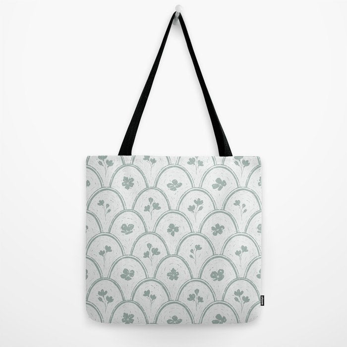 Rustic scallop floral block print - dusty mint pastel green pattern Tote Bag Gallery Image 2