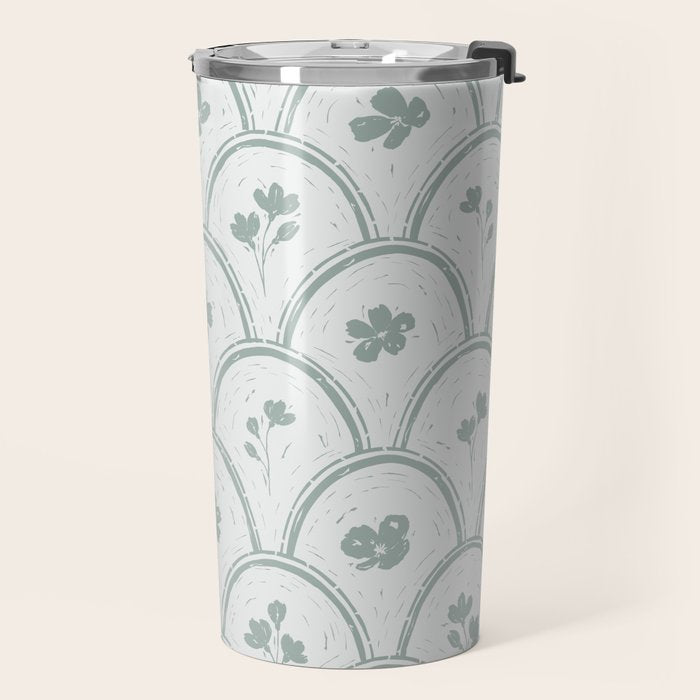 Rustic scallop floral block print - dusty mint pastel green pattern Travel Mug Gallery Image 2