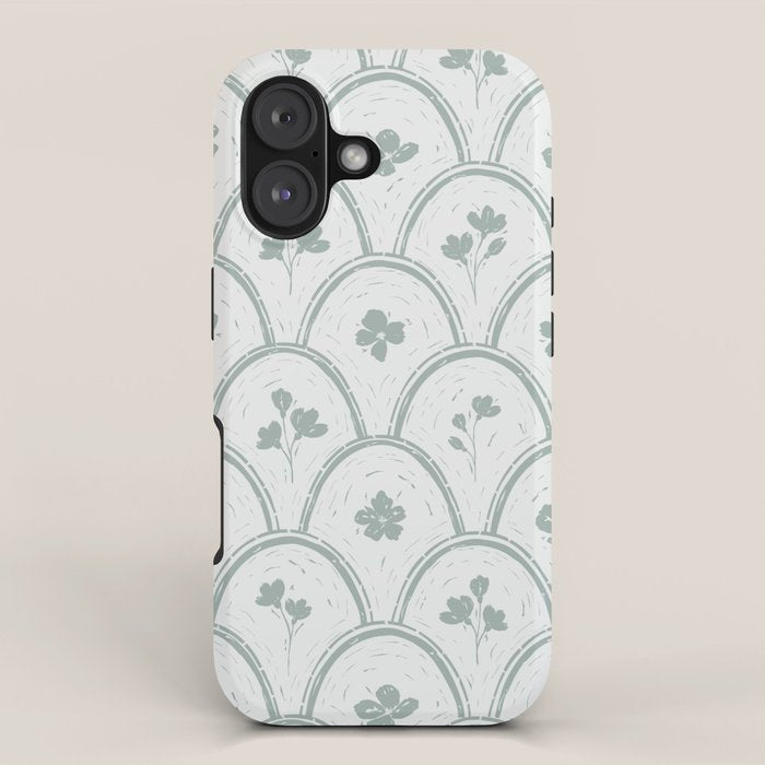 Rustic scallop floral block print - dusty mint pastel green pattern iPhone Case Gallery Image 1