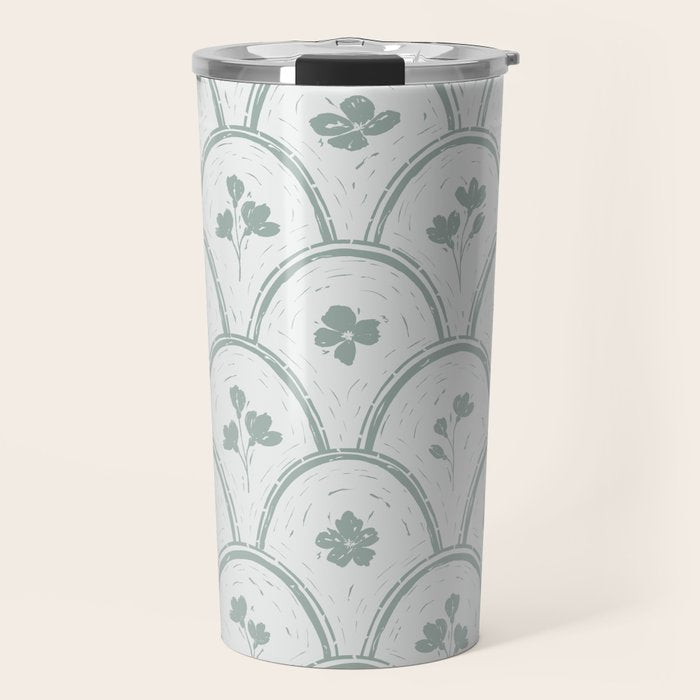 Rustic scallop floral block print - dusty mint pastel green pattern Travel Mug Gallery Image 1