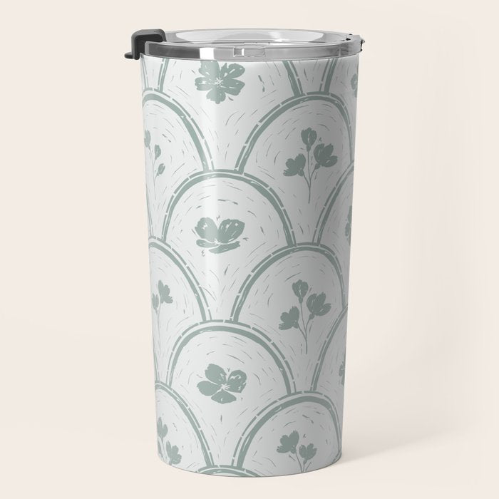 Rustic scallop floral block print - dusty mint pastel green pattern Travel Mug Gallery Image 3