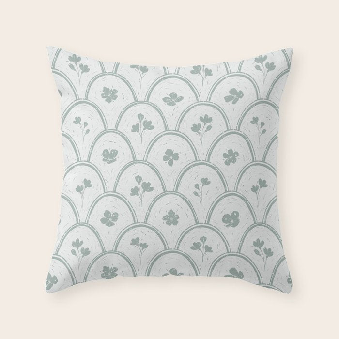 Rustic scallop floral block print - dusty mint pastel green pattern Throw Pillow Gallery Image 6