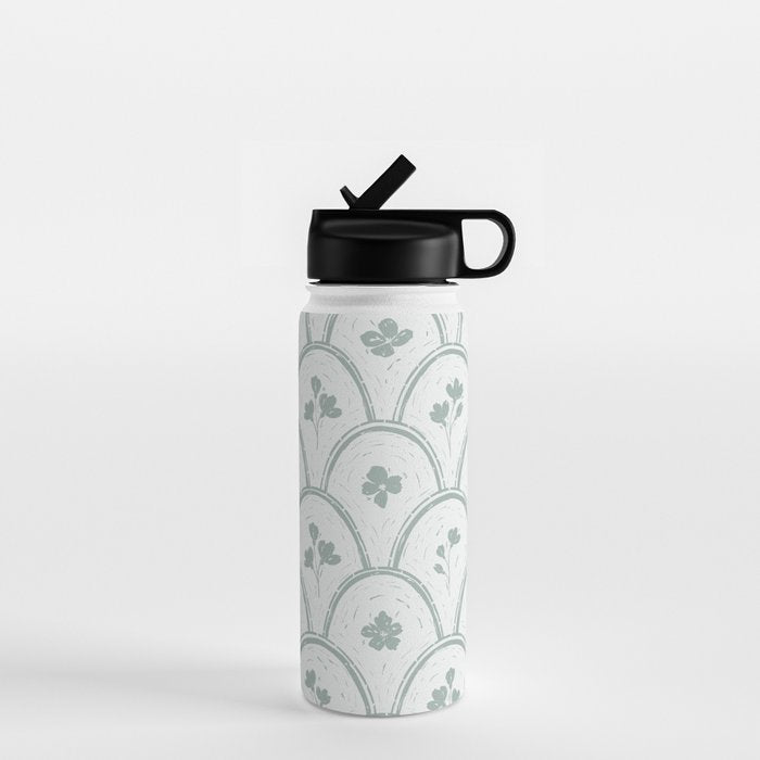 Rustic scallop floral block print - dusty mint pastel green pattern Water Bottle Gallery Image 1