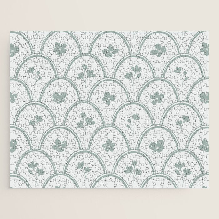 Rustic scallop floral block print - dusty mint pastel green pattern Jigsaw Puzzle Gallery Image 1