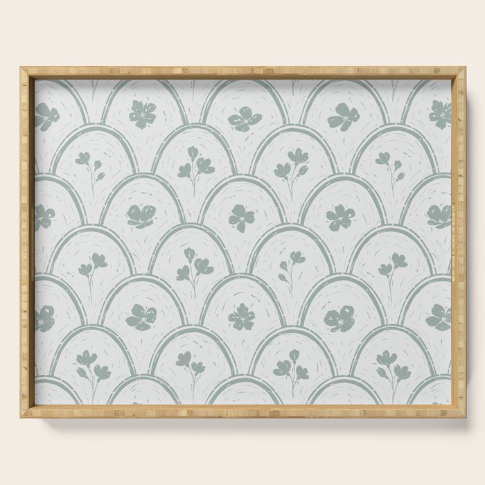 Rustic scallop floral block print - dusty mint pastel green pattern Serving Tray Gallery Image 1