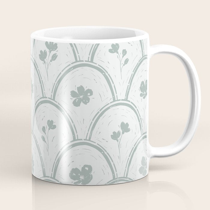 Rustic scallop floral block print - dusty mint pastel green pattern Coffee Mug Gallery Image 1
