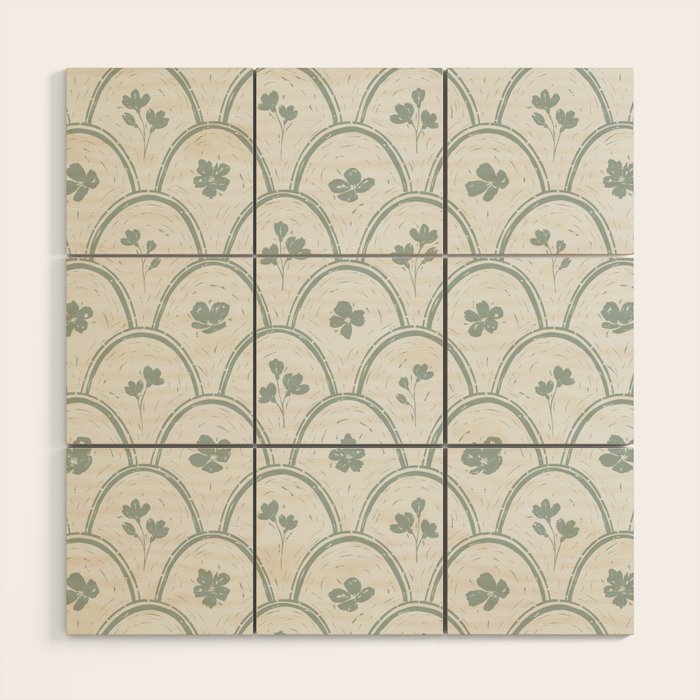 Rustic scallop floral block print - dusty mint pastel green pattern Wood Wall Art Gallery Image 1