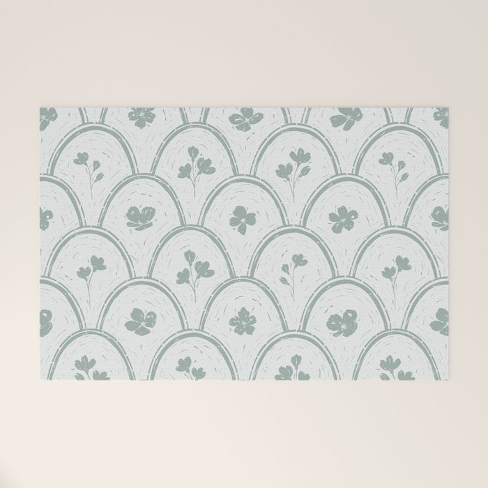 Rustic scallop floral block print - dusty mint pastel green pattern Welcome Mat Gallery Image 1