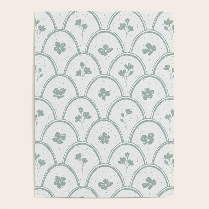 Rustic scallop floral block print - dusty mint pastel green pattern Poster Gallery Image 4