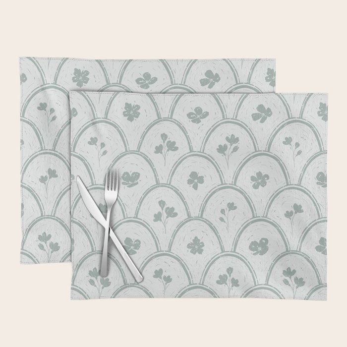 Rustic scallop floral block print - dusty mint pastel green pattern Placemat Gallery Image 1